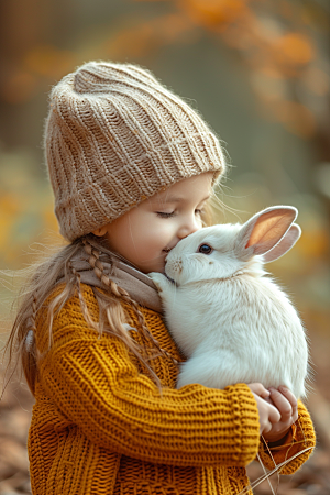 儿童和兔子童趣可爱摄影图