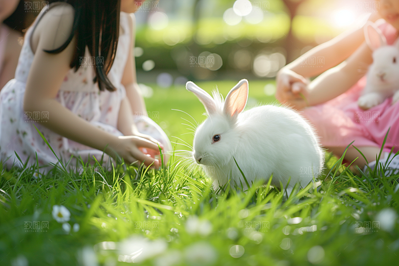 儿童和兔子清新高清摄影图