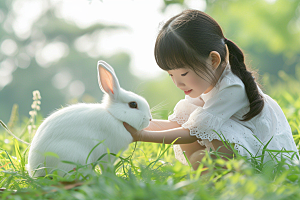 儿童和兔子高清孩子摄影图