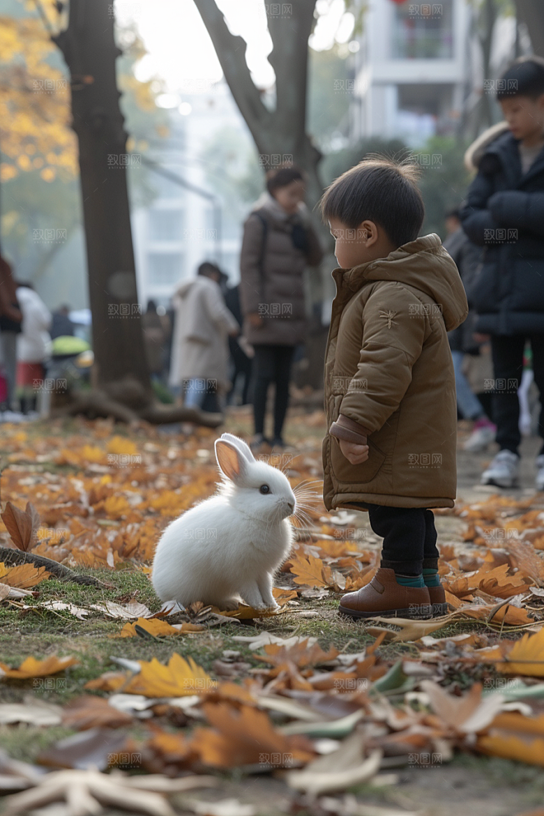 儿童和兔子爱心生活摄影图