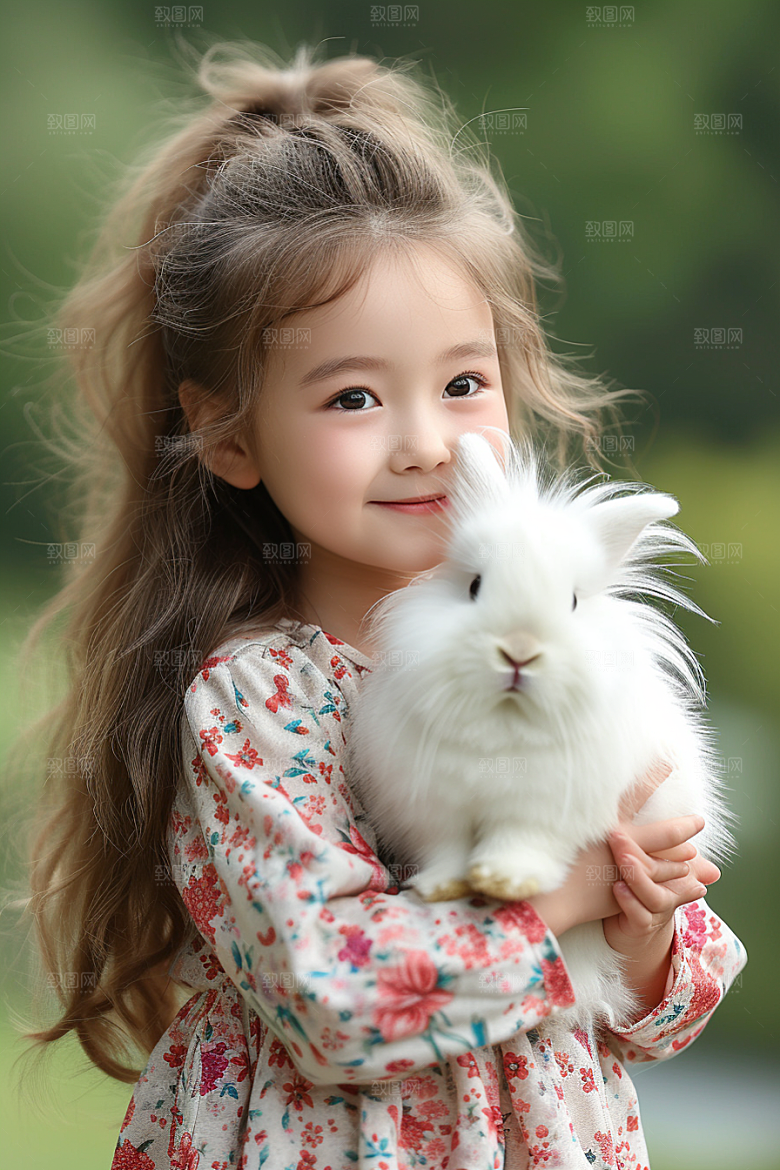 儿童和兔子孩子生活摄影图