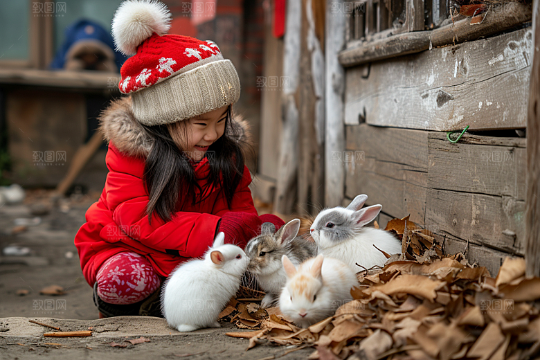 儿童和兔子宠物童趣摄影图