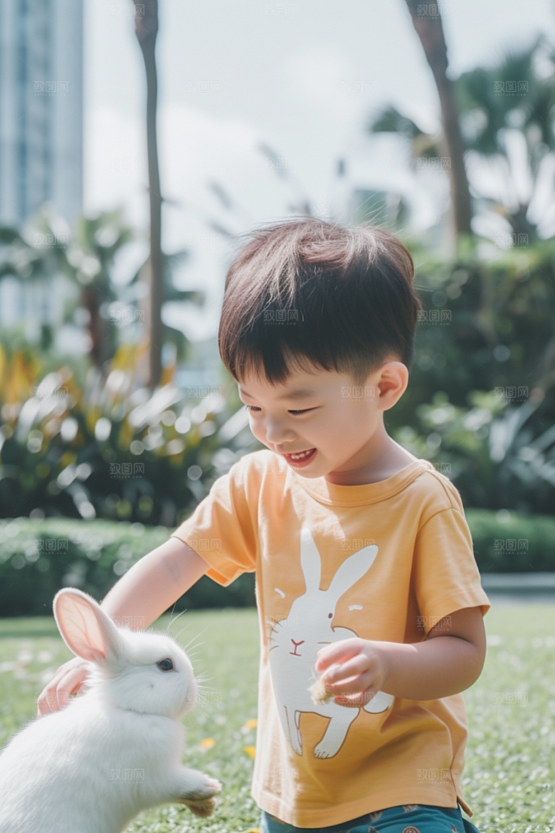 儿童和兔子高清自然摄影图