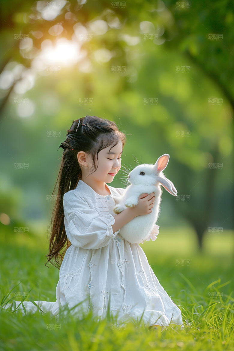 儿童和兔子自然童趣摄影图
