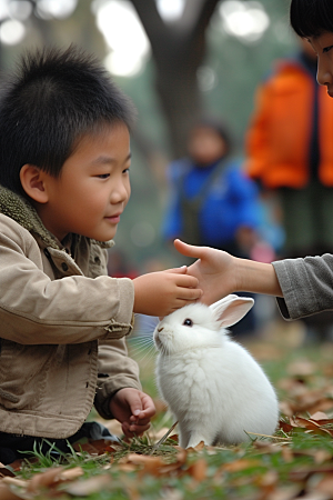 儿童和兔子自然孩子摄影图