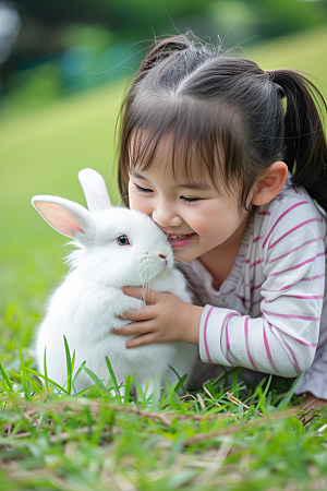 儿童和兔子童趣生活摄影图