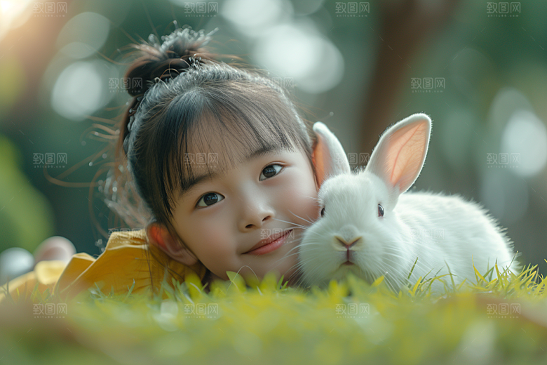 儿童和兔子高清可爱摄影图