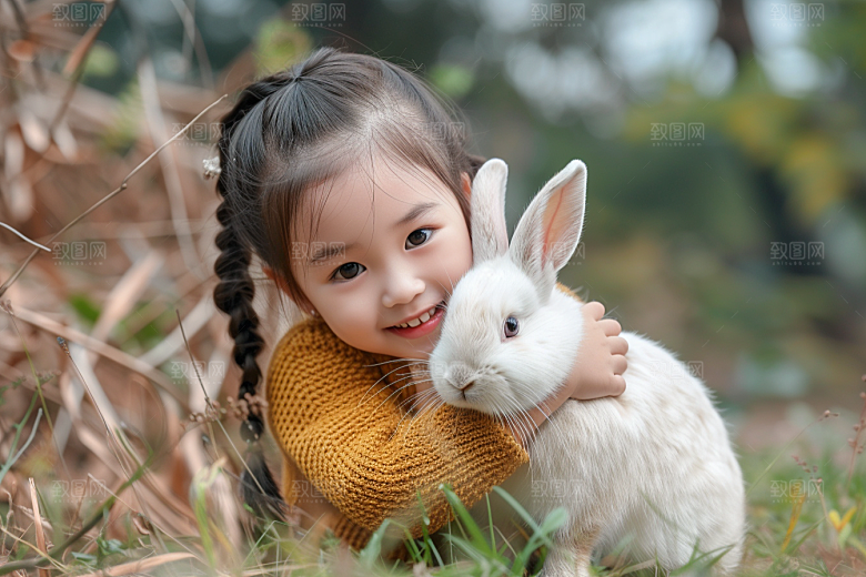 儿童和兔子生活宠物摄影图