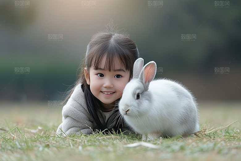 儿童和兔子爱心清新摄影图