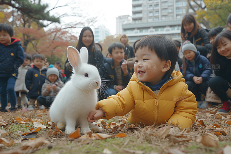 儿童和兔子爱心自然摄影图
