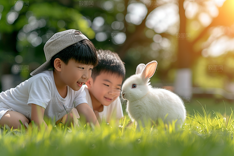 儿童和兔子高清宠物摄影图