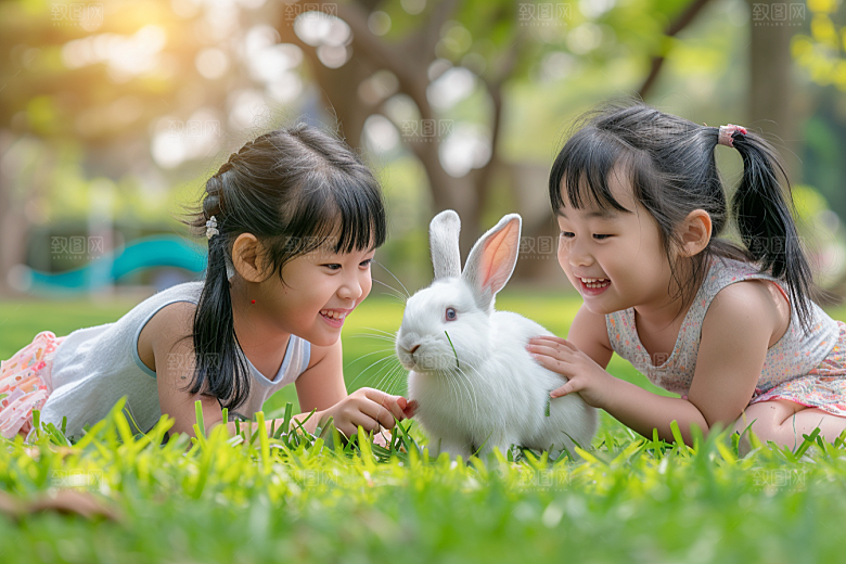 儿童和兔子宠物童趣摄影图