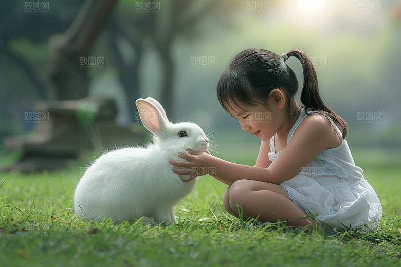 儿童和兔子清新生活摄影图