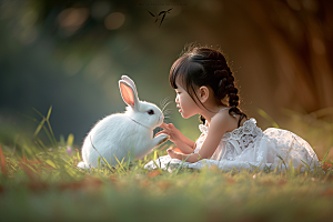 儿童和兔子爱心可爱摄影图