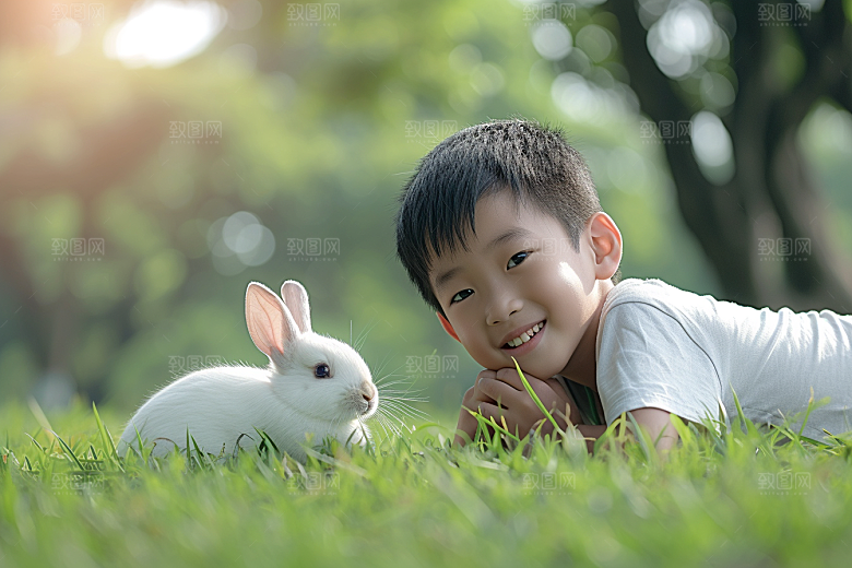 儿童和兔子可爱清新摄影图
