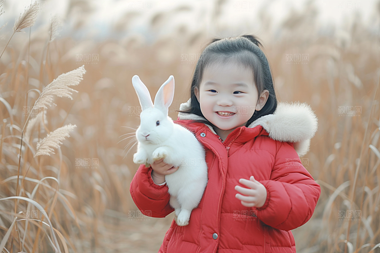 儿童和兔子孩子童趣摄影图