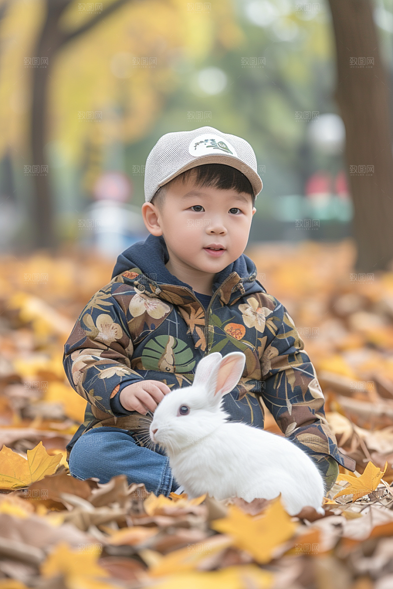 儿童和兔子童趣宠物摄影图