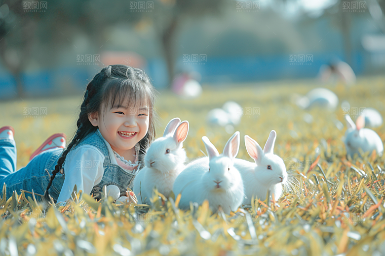 儿童和兔子可爱高清摄影图