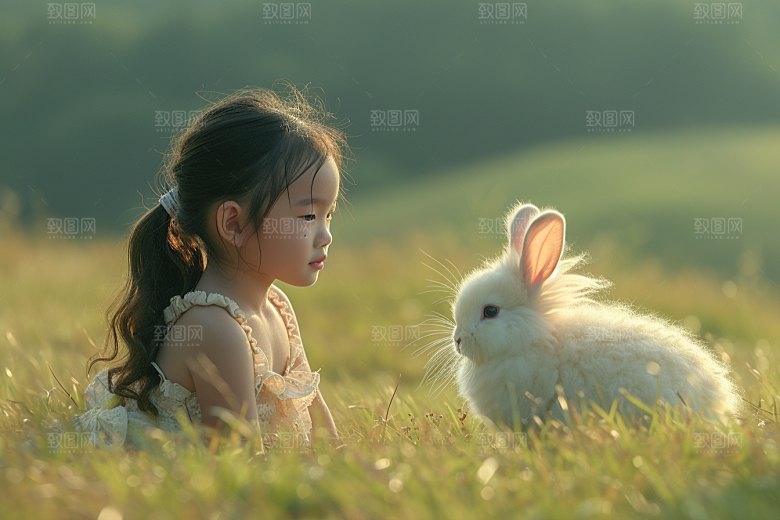儿童和兔子童趣可爱摄影图