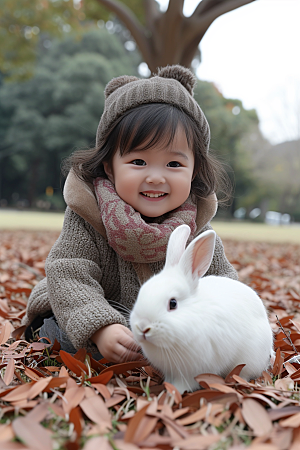 儿童和兔子自然童趣摄影图