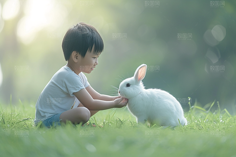 儿童和兔子童趣孩子摄影图
