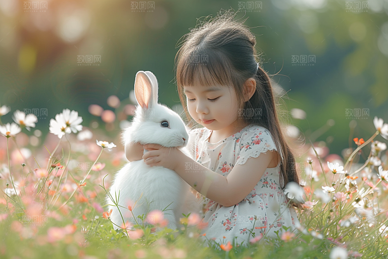 儿童和兔子可爱孩子摄影图