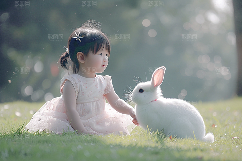 儿童和兔子高清宠物摄影图