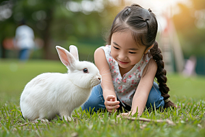 儿童和兔子孩子爱心摄影图