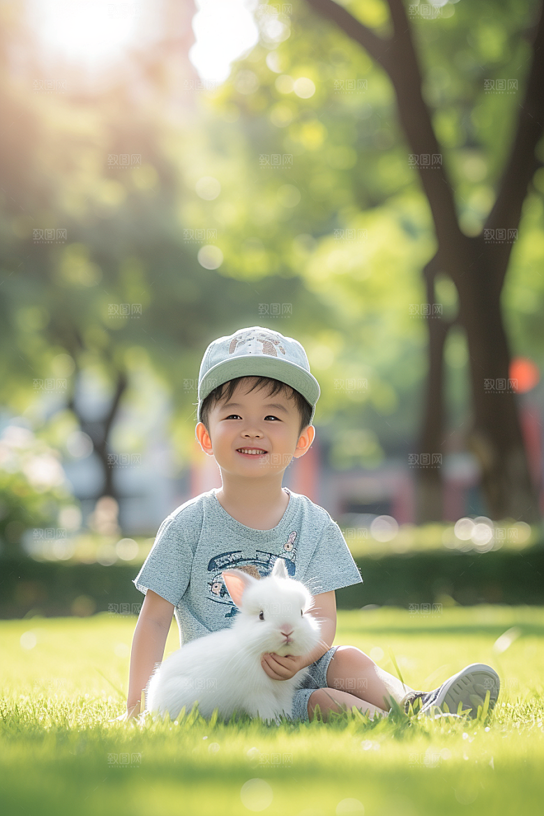 儿童和兔子自然高清摄影图