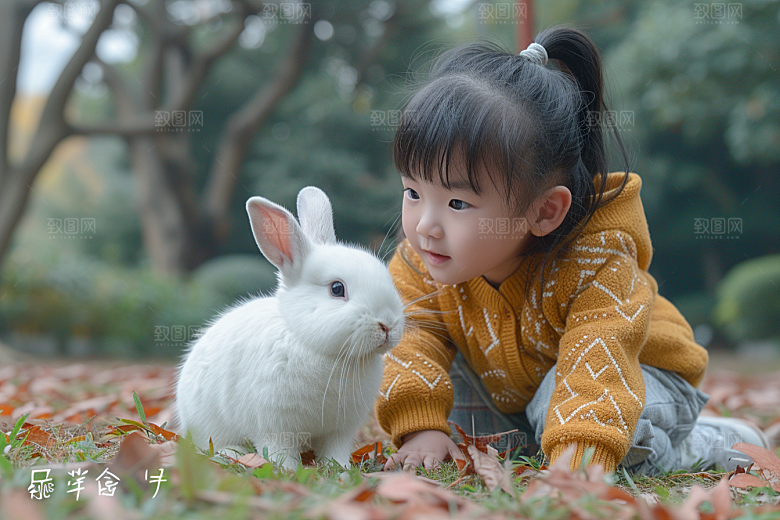 儿童和兔子生活自然摄影图