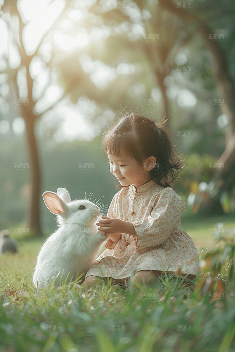 儿童和兔子清新孩子摄影图
