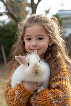 儿童和兔子可爱清新摄影图