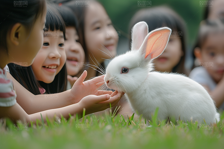 儿童和兔子童趣爱心摄影图