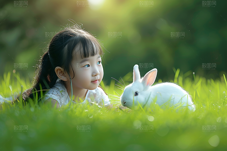 儿童和兔子生活爱心摄影图