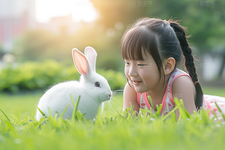 儿童和兔子高清可爱摄影图