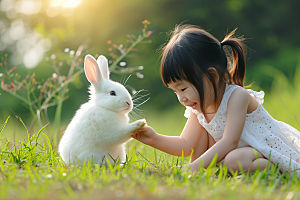 儿童和兔子童趣自然摄影图