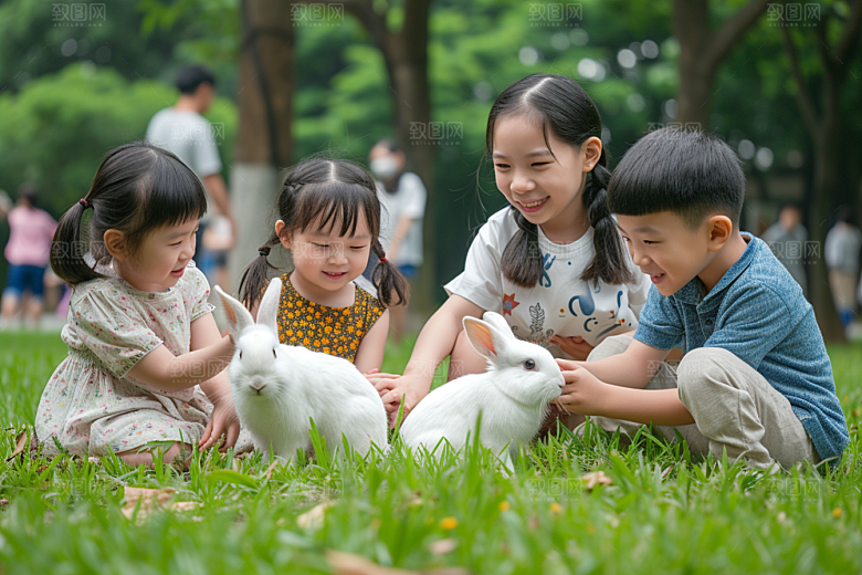 儿童和兔子童趣宠物摄影图