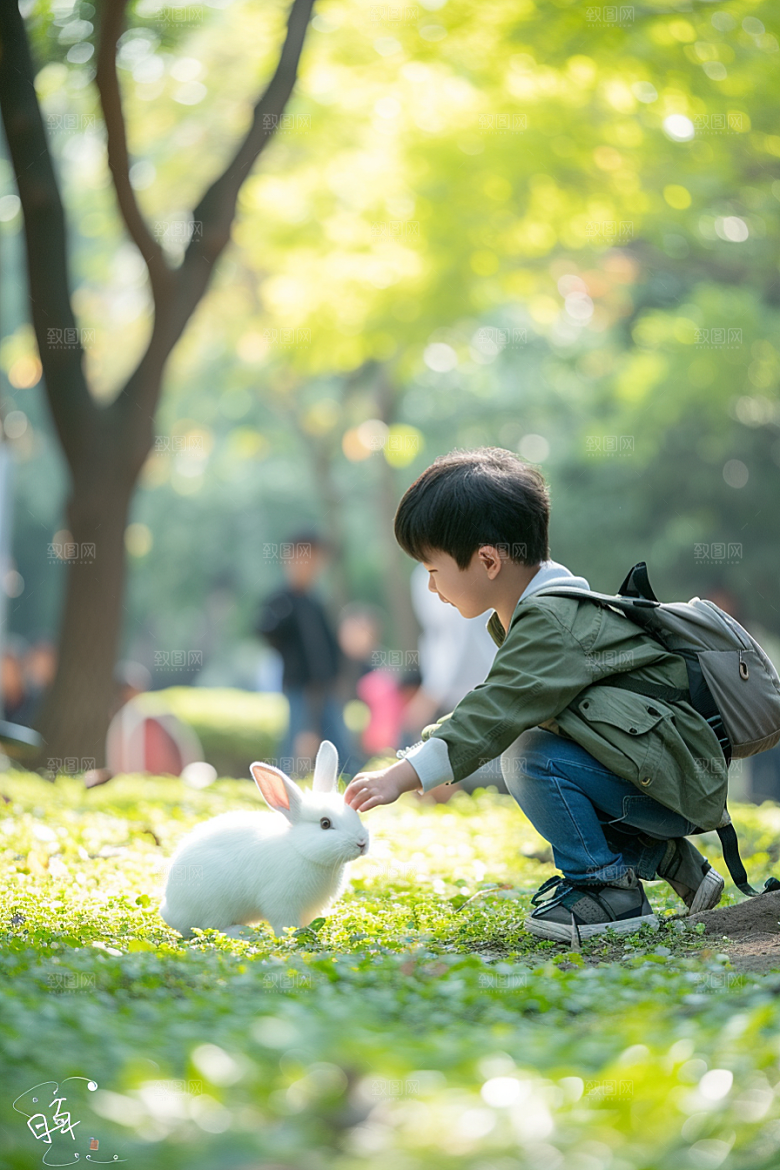 儿童和兔子可爱童趣摄影图