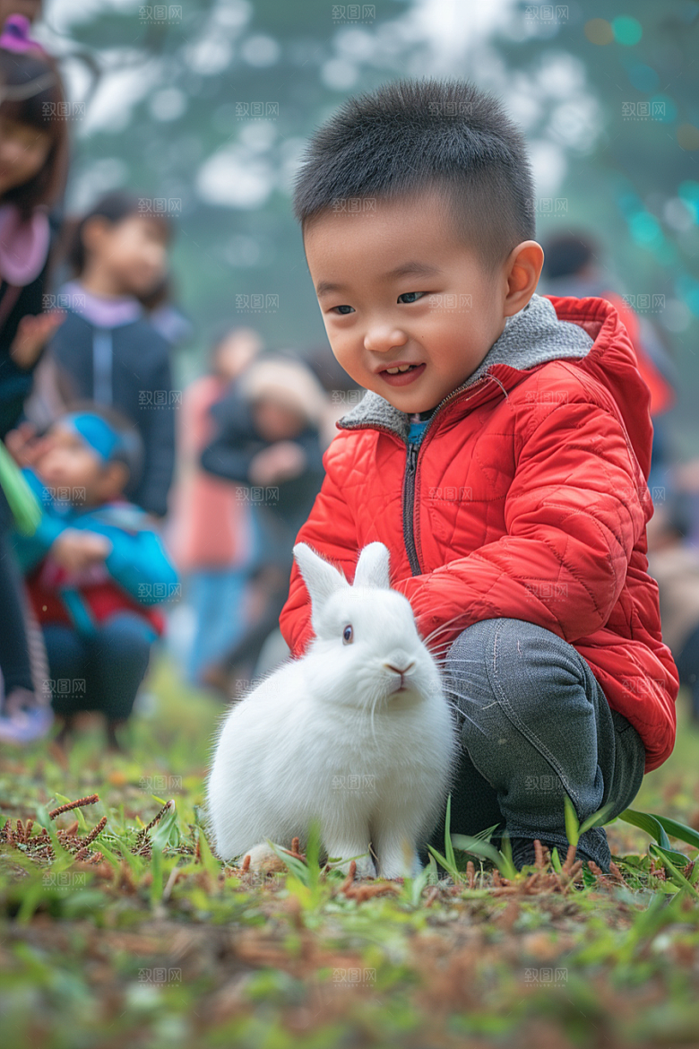 儿童和兔子爱心清新摄影图