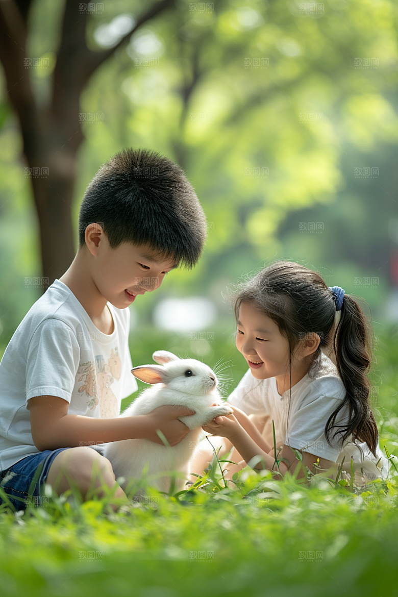 儿童和兔子高清爱心摄影图