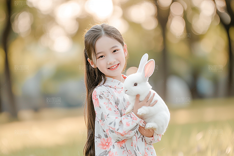 儿童和兔子孩子宠物摄影图