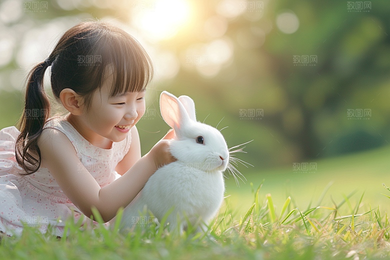 儿童和兔子清新生活摄影图