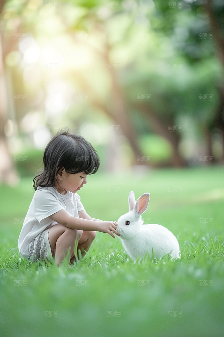 儿童和兔子爱心自然摄影图
