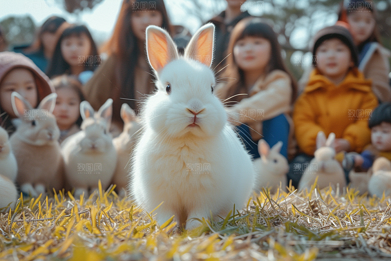 儿童和兔子宠物孩子摄影图