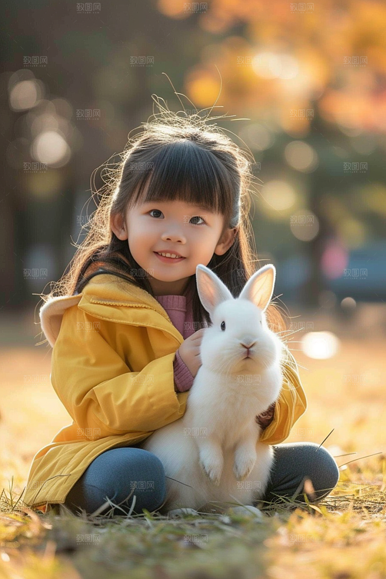 儿童和兔子可爱孩子摄影图
