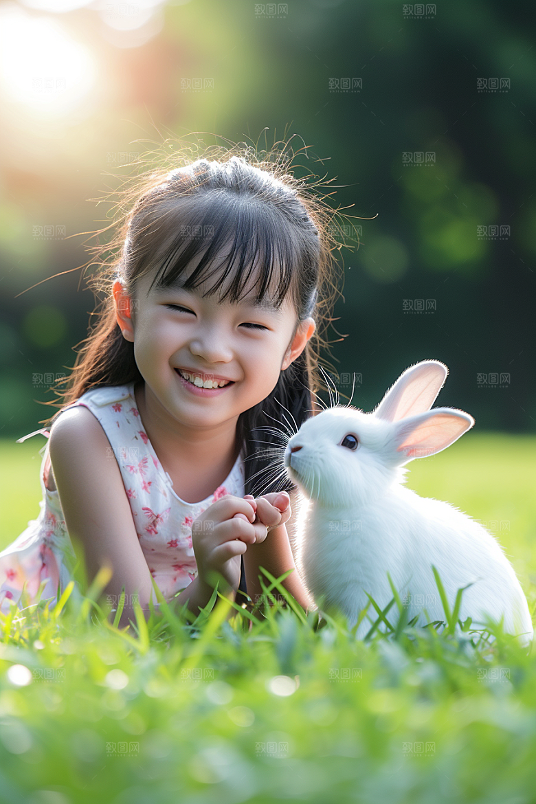 儿童和兔子清新宠物摄影图