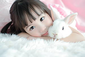 儿童和兔子清新生活摄影图