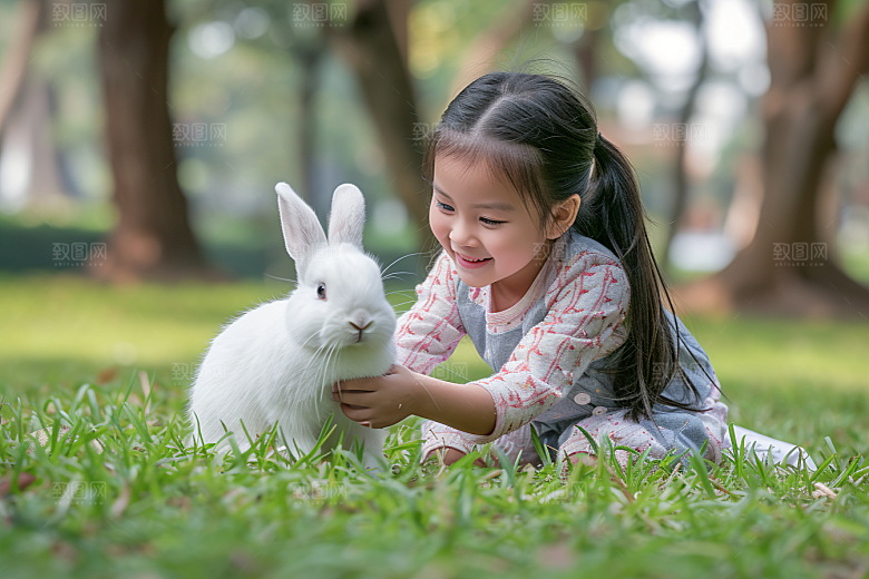 儿童和兔子宠物孩子摄影图
