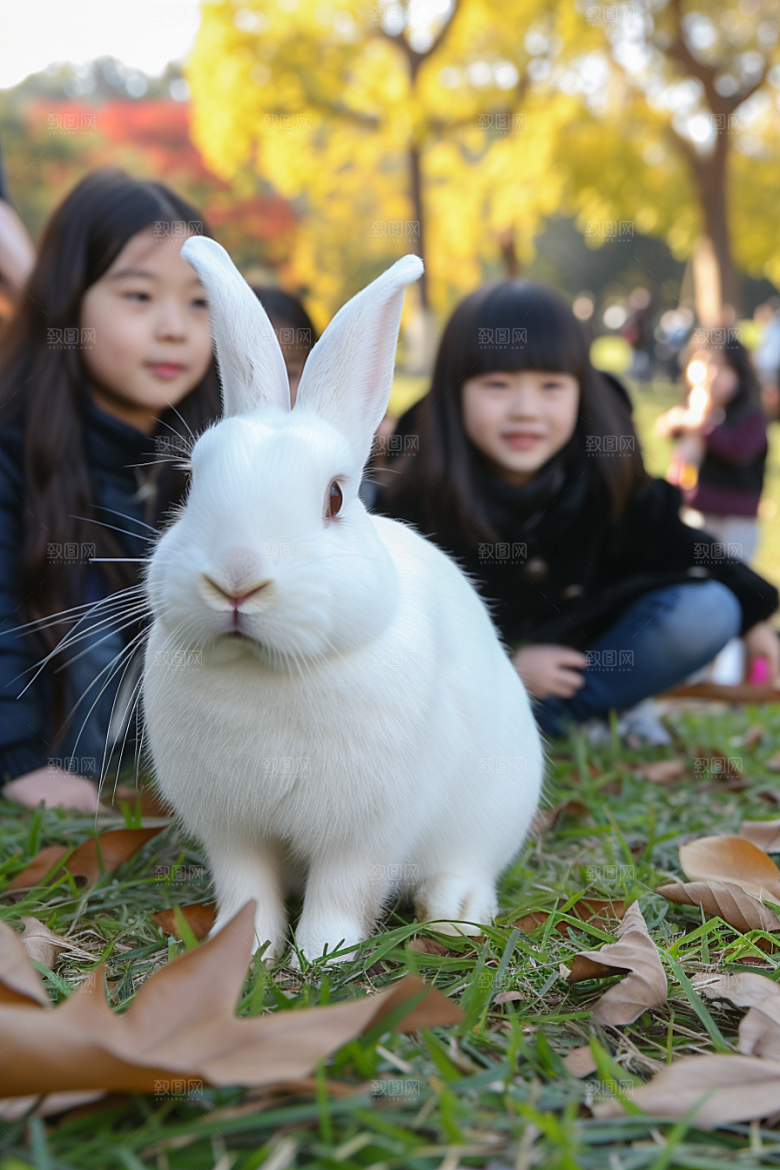 儿童和兔子可爱宠物摄影图