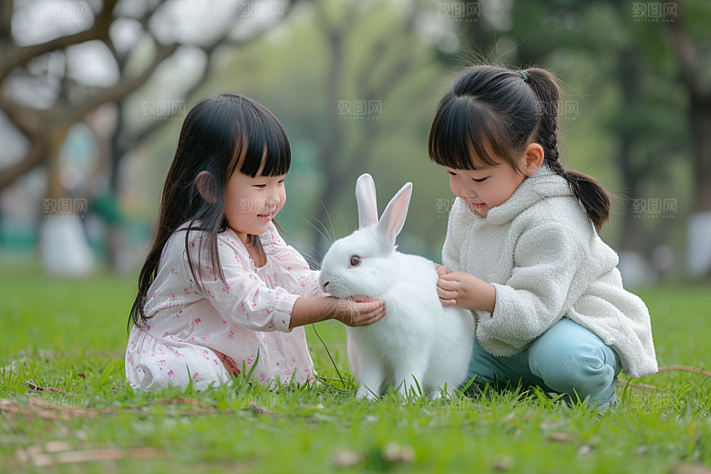 儿童和兔子清新自然摄影图